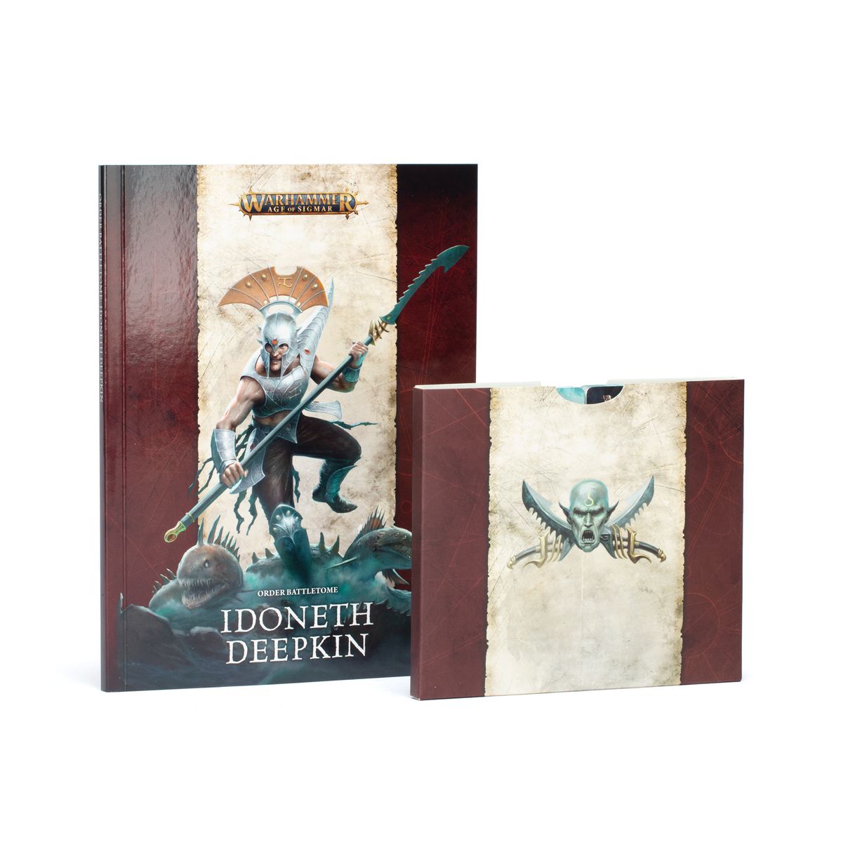 Warhammer Age of Sigmar Idoneth Deepkin Battletome showing an armored warrior with spear and sea creatures, next to a smaller themed box
