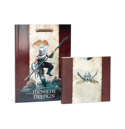 Warhammer Age of Sigmar Idoneth Deepkin Battletome showing an armored warrior with spear and sea creatures, next to a smaller themed box
