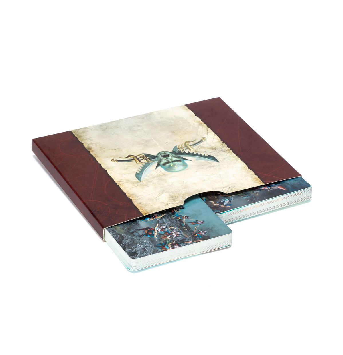 Dark red card sleeve with a stylized winged face on parchment, showing fantasy art cards partially pulled out
