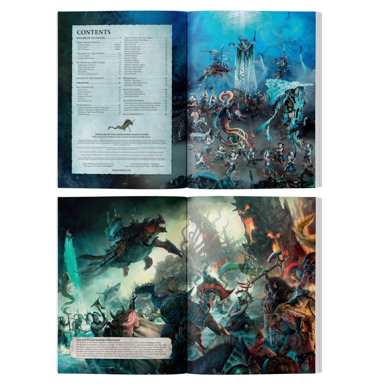 Open fantasy book showing contents, underwater miniatures display, and a dramatic sea battle illustration