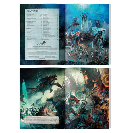 Open fantasy book showing contents, underwater miniatures display, and a dramatic sea battle illustration