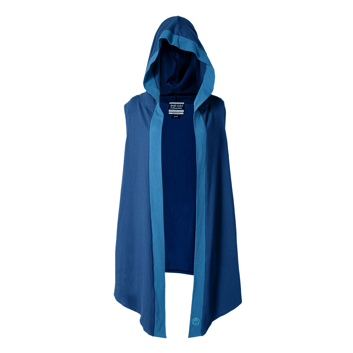 Two-tone blue sleeveless hooded cardigan with an open front, displayed on a white background