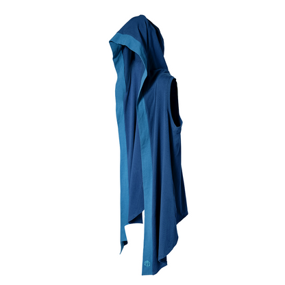 A draped dark blue hooded sleeveless top with lighter blue trim, hanging on a white background.