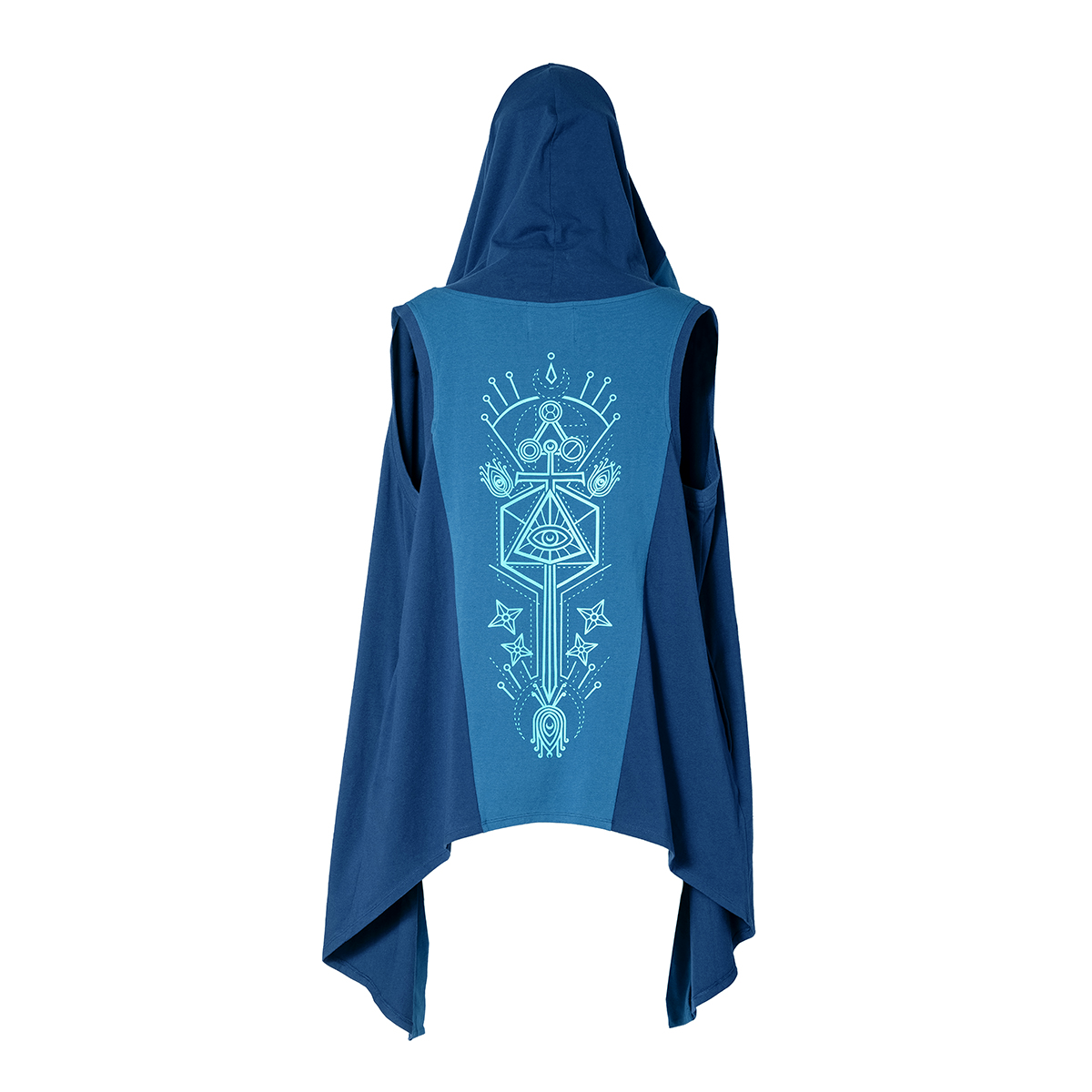 Dark blue hooded sleeveless top, back view, with a light blue geometric eye and pyramid design