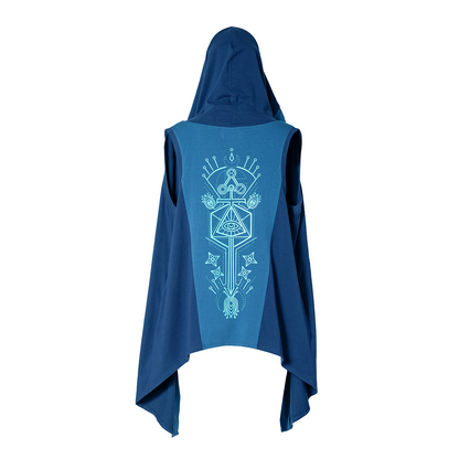 Dark blue hooded sleeveless top, back view, with a light blue geometric eye and pyramid design