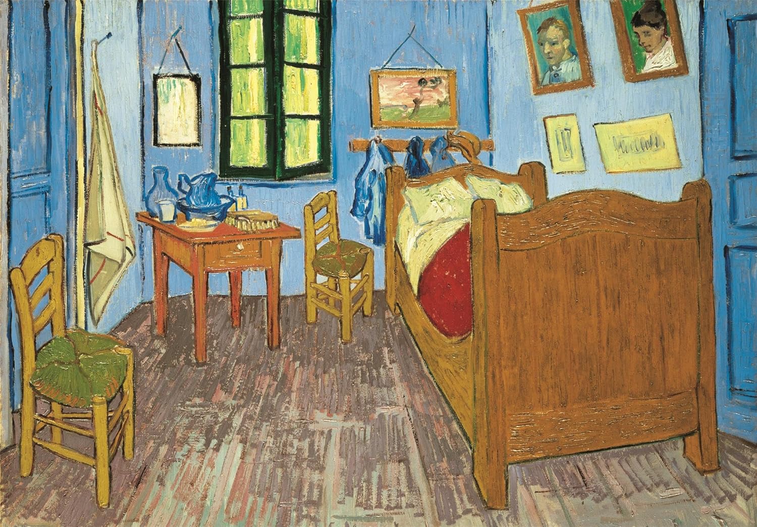 Van Gogh's vibrant painting of his blue bedroom, with a wooden bed, two chairs, a table, and a green window