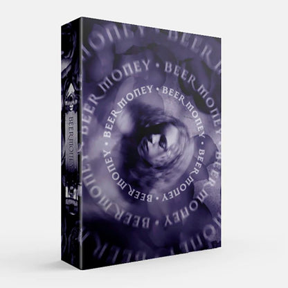 Dark purple box cover for 'BEER MONEY', featuring spiraling text around a central, stylized face
