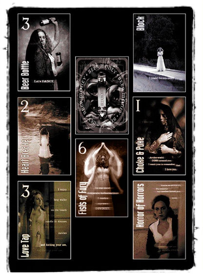 A grid of nine artistic, dark-toned cards, each showing a woman in a dramatic pose, Titles like "Beer Bottle" and "Beer Money" suggest a themed card deck
