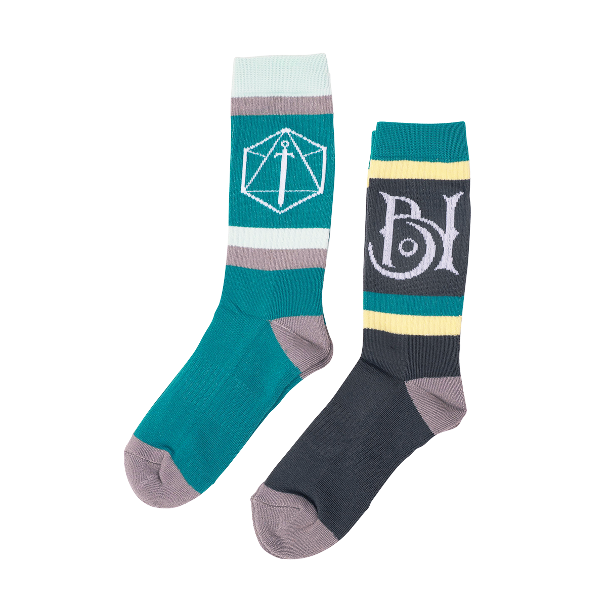 A pair of Bells Hells Retro Crew socks. One teal with a white D20 sword logo, the other dark grey with a white stylized 'BN' logo