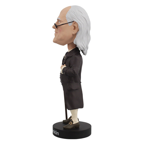 Royal Bobbles Benjamin Franklin bobblehead side view in a brown coat