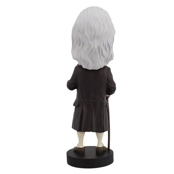Royal Bobbles Benjamin Franklin bobblehead back view in a brown coat