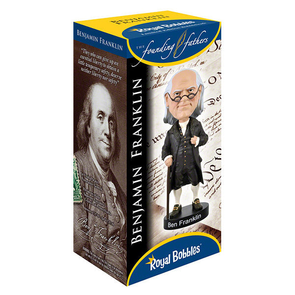 Royal Bobbles Founding Fathers Benjamin Franklin bobblehead in a box packaging featuring a portrait of Franklin and a quote