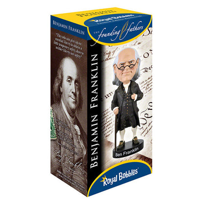 Royal Bobbles Founding Fathers Benjamin Franklin bobblehead in a box packaging featuring a portrait of Franklin and a quote
