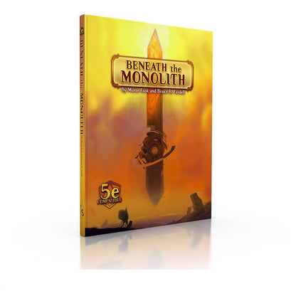 Book cover: "Beneath the Monolith" shows a colossal glowing sword piercing orange ground, a small figure gazing up