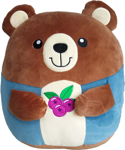 A round brown bear plush with blue sides, a white belly, and embroidered purple blueberries with green leaves.