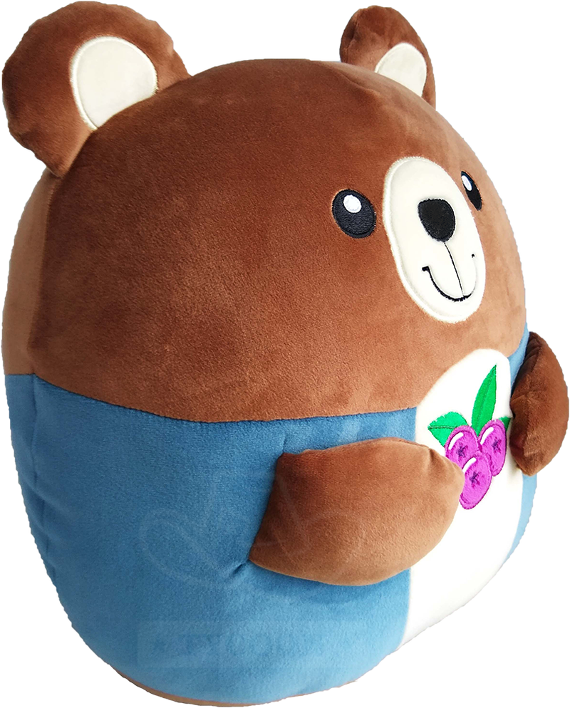 Round brown and blue bear plush with a smiling face and embroidered purple berries on its white belly.