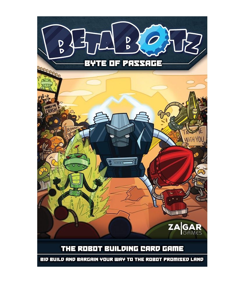 BetaBotz game: Large robot building a glowing green robot and a red body, watched by a robot crowd.