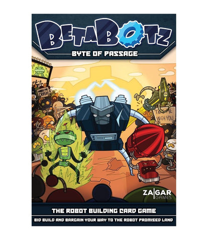 BetaBotz game: Large robot building a glowing green robot and a red body, watched by a robot crowd.