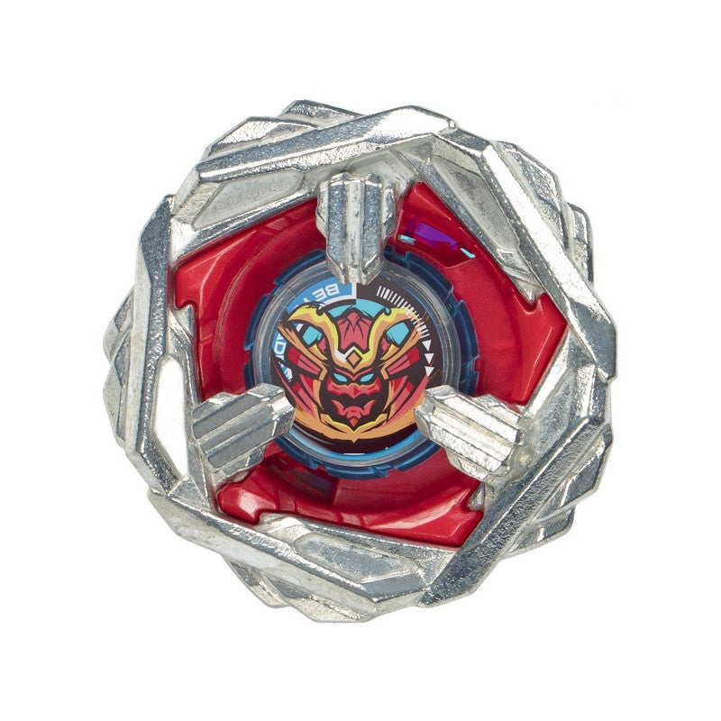 Red and silver Beyblade spinning top with a detailed red and yellow samurai-like face emblem