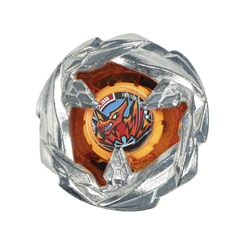 A silver armored Beyblade spinning top with an orange core and a red dragon emblem in the center