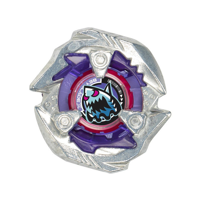 A silver and purple Beyblade X battle top with a blue, black, and white shark head logo