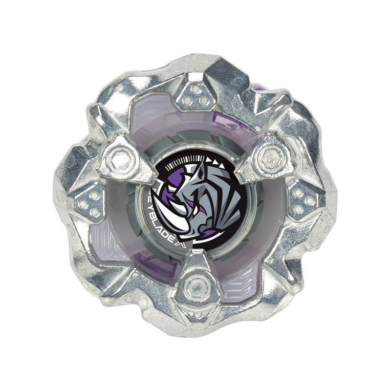 A silver and purple Beyblade spinning top with a gray and white rhino logo