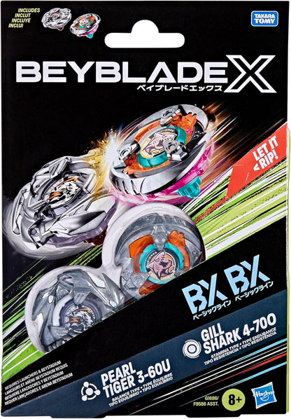 Beyblade X toy package showing Pearl Tiger and Gill Shark Beyblades colliding, with two more packaged below