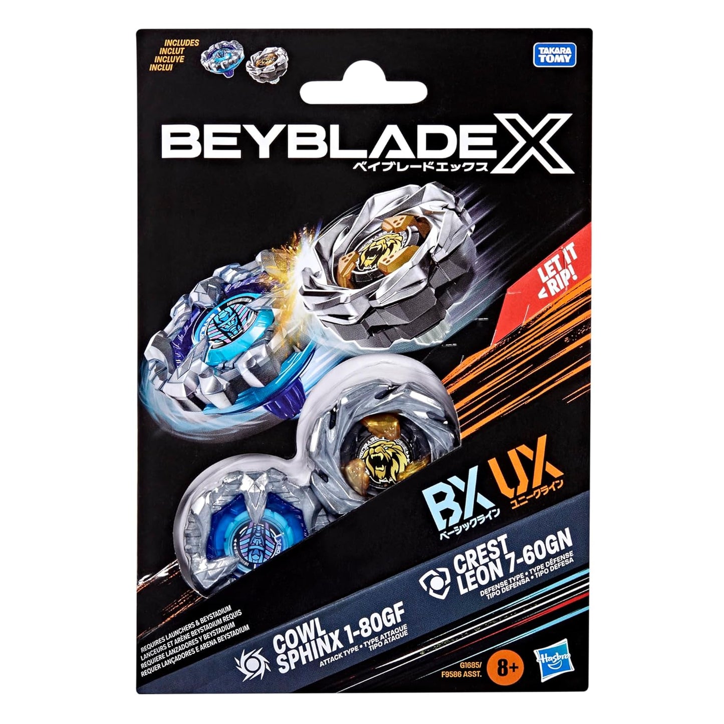 Beyblade X toy package shows two blue and gold spinning tops clashing, with two more tops packaged below