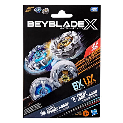 Beyblade X toy package shows two blue and gold spinning tops clashing, with two more tops packaged below