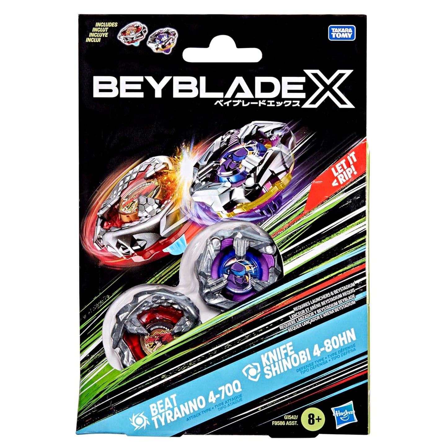 Beyblade X Beat Tyranno 4-70Q & Knife Shinobi 4-80HN Dual Pack Set package displays two spinning tops clashing with sparks, and two red/silver and purple/silver tops visible