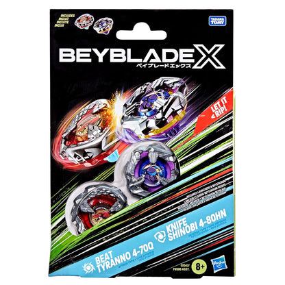 Beyblade X Beat Tyranno 4-70Q & Knife Shinobi 4-80HN Dual Pack Set package displays two spinning tops clashing with sparks, and two red/silver and purple/silver tops visible