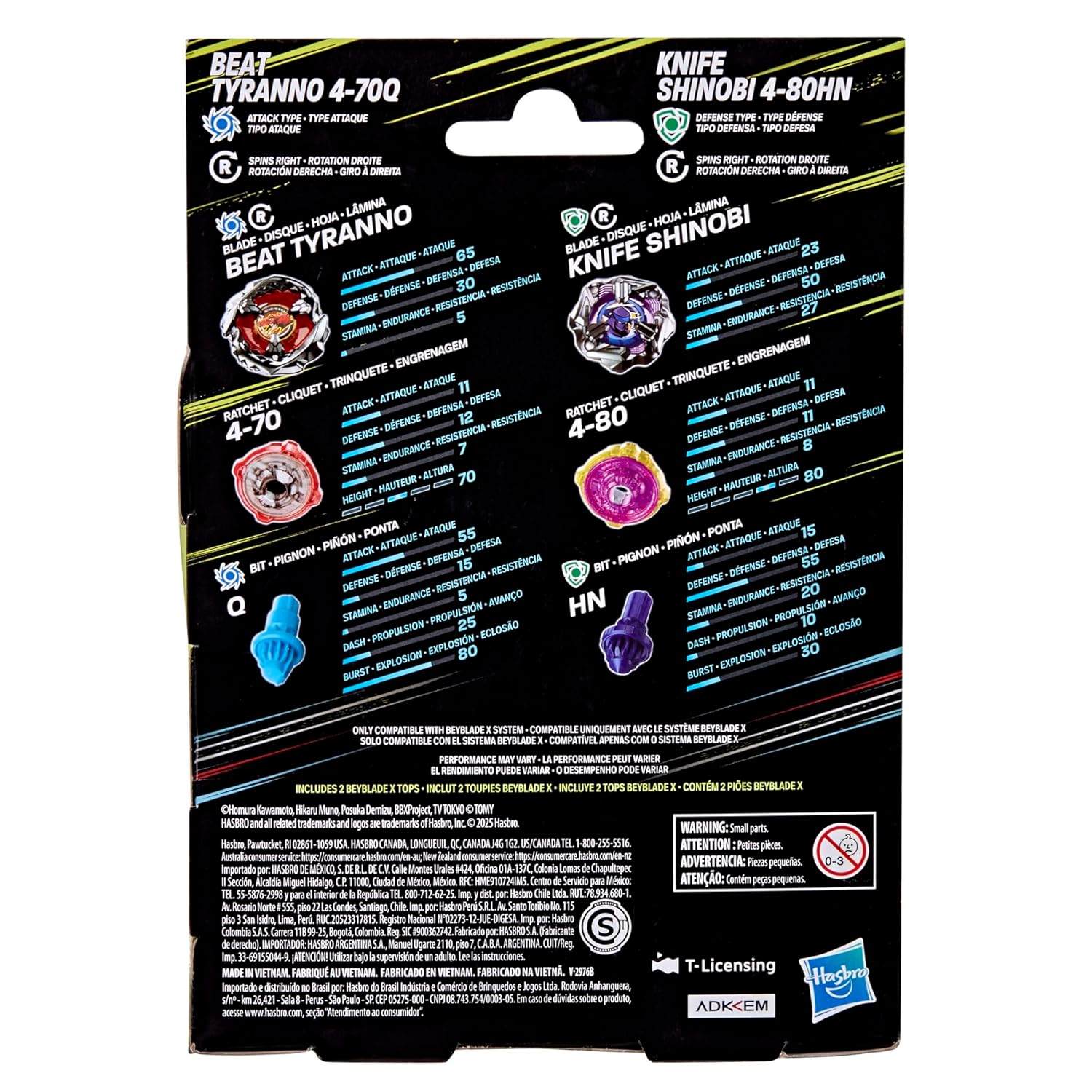 Back of Beyblade X package showing two spinning tops, Beat Tyranno and Knife Shinobi, with diagrams detailing their parts and combat stats