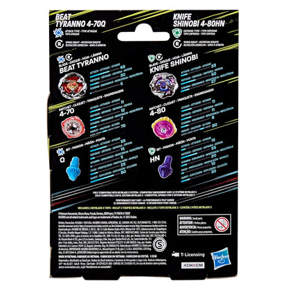 Back of Beyblade X package showing two spinning tops, Beat Tyranno and Knife Shinobi, with diagrams detailing their parts and combat stats