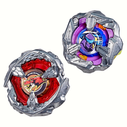 Two detailed Beyblade spinning tops: one red with a dragon, one purple with a ninja