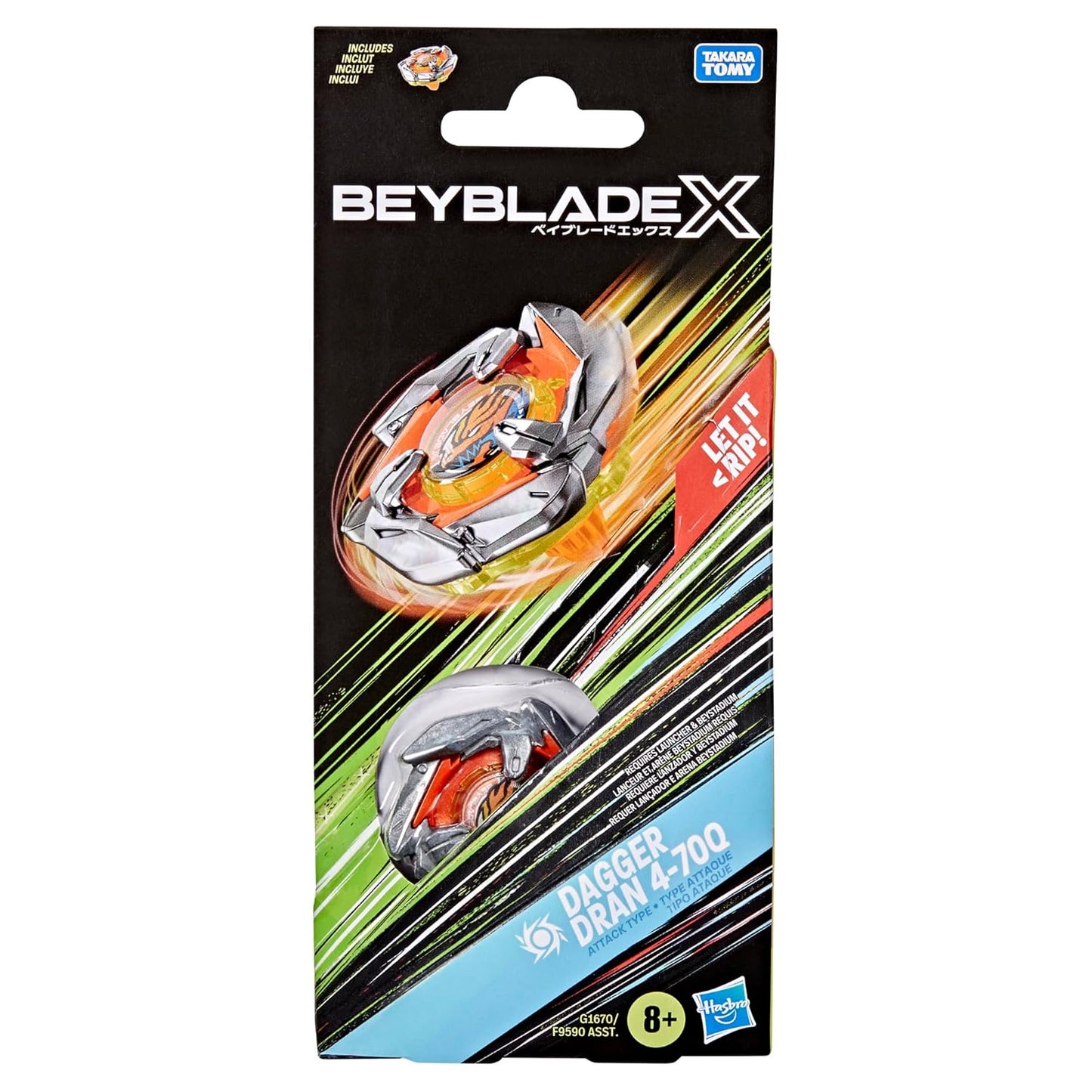 Beyblade X Dagger Dran 4-70Q spinning top toy in package, with motion effects and "Let It Rip!" slogan