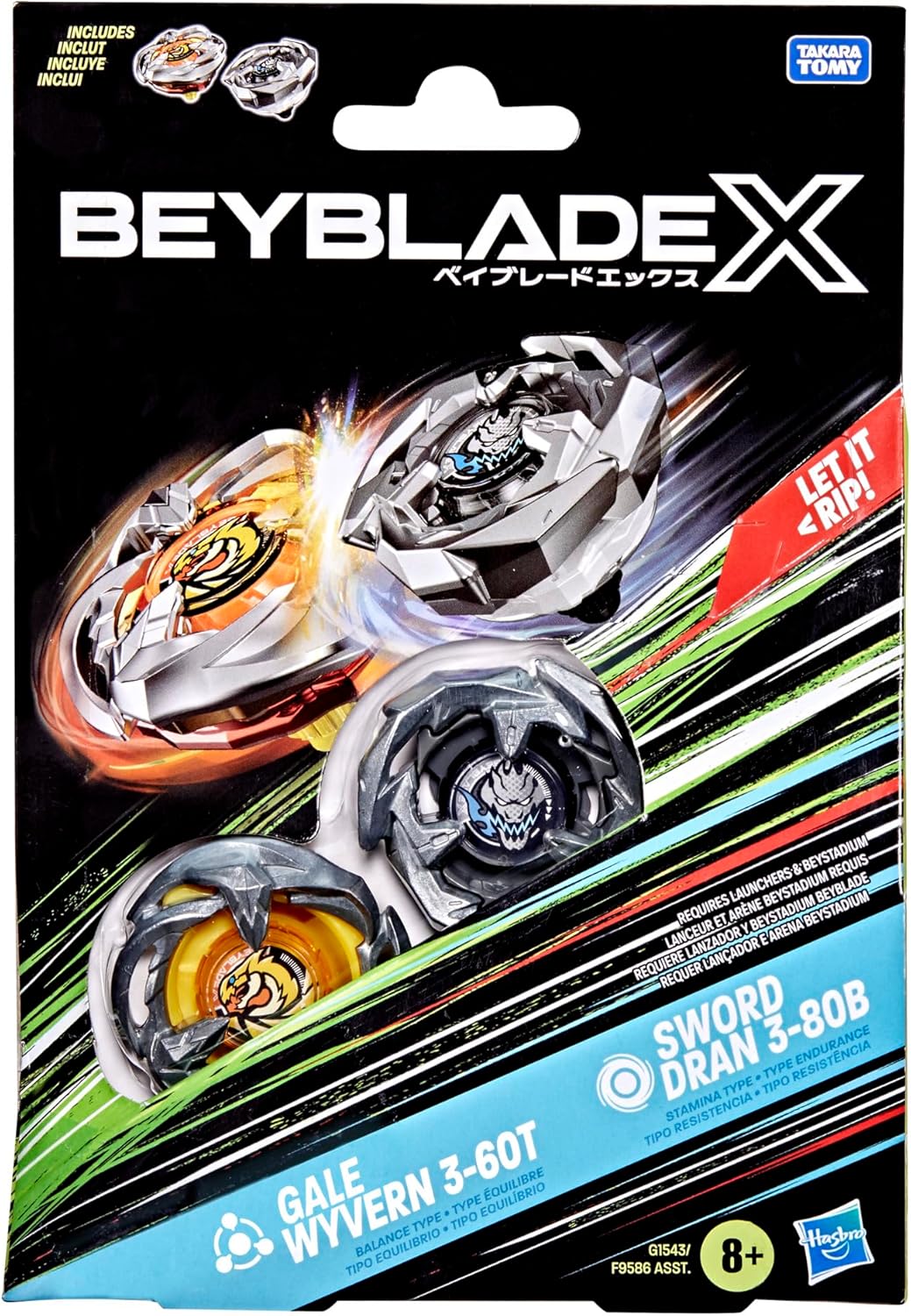 Beyblade X Gale Wyvern 3-60T &amp; Sword Dran 3-80B Dual Pack Set packaging with four spinning tops; two (silver and orange) clashing with sparks