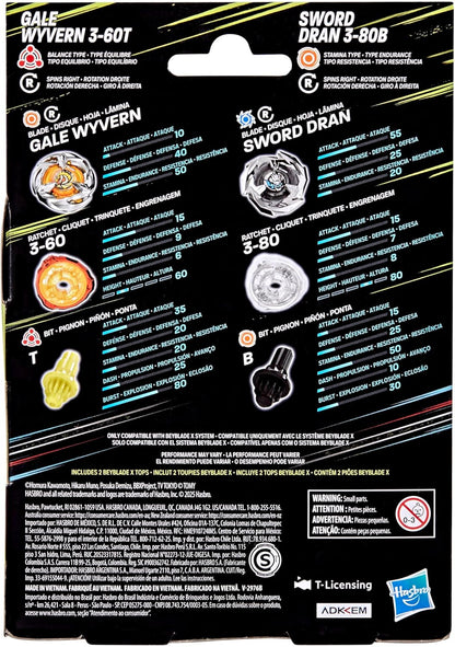 Back of Beyblade X package featuring two tops, Gale Wyvern and Sword Dran, with component images, performance stats, and a small parts warning