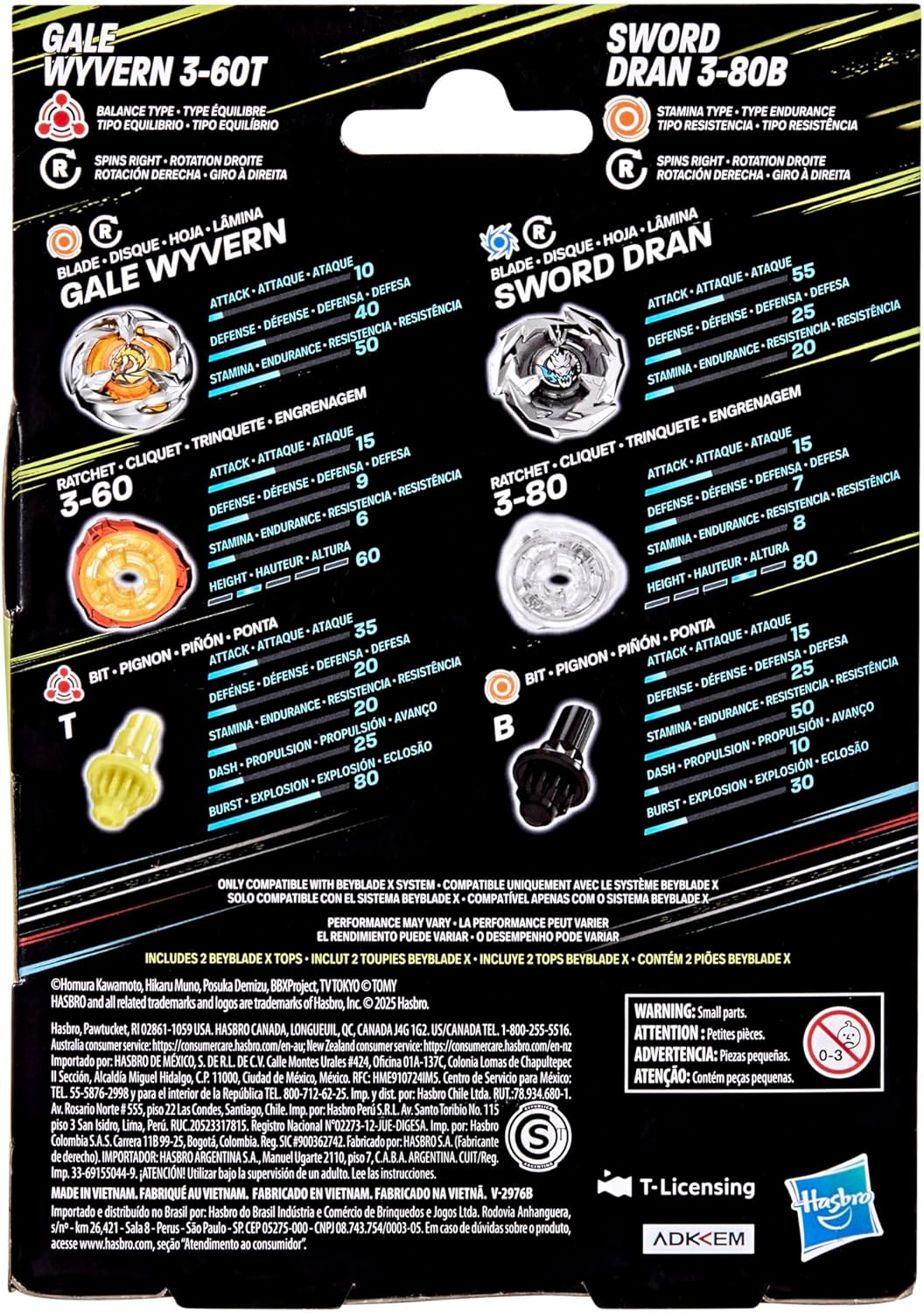 Back of Beyblade X package featuring two tops, Gale Wyvern and Sword Dran, with component images, performance stats, and a small parts warning