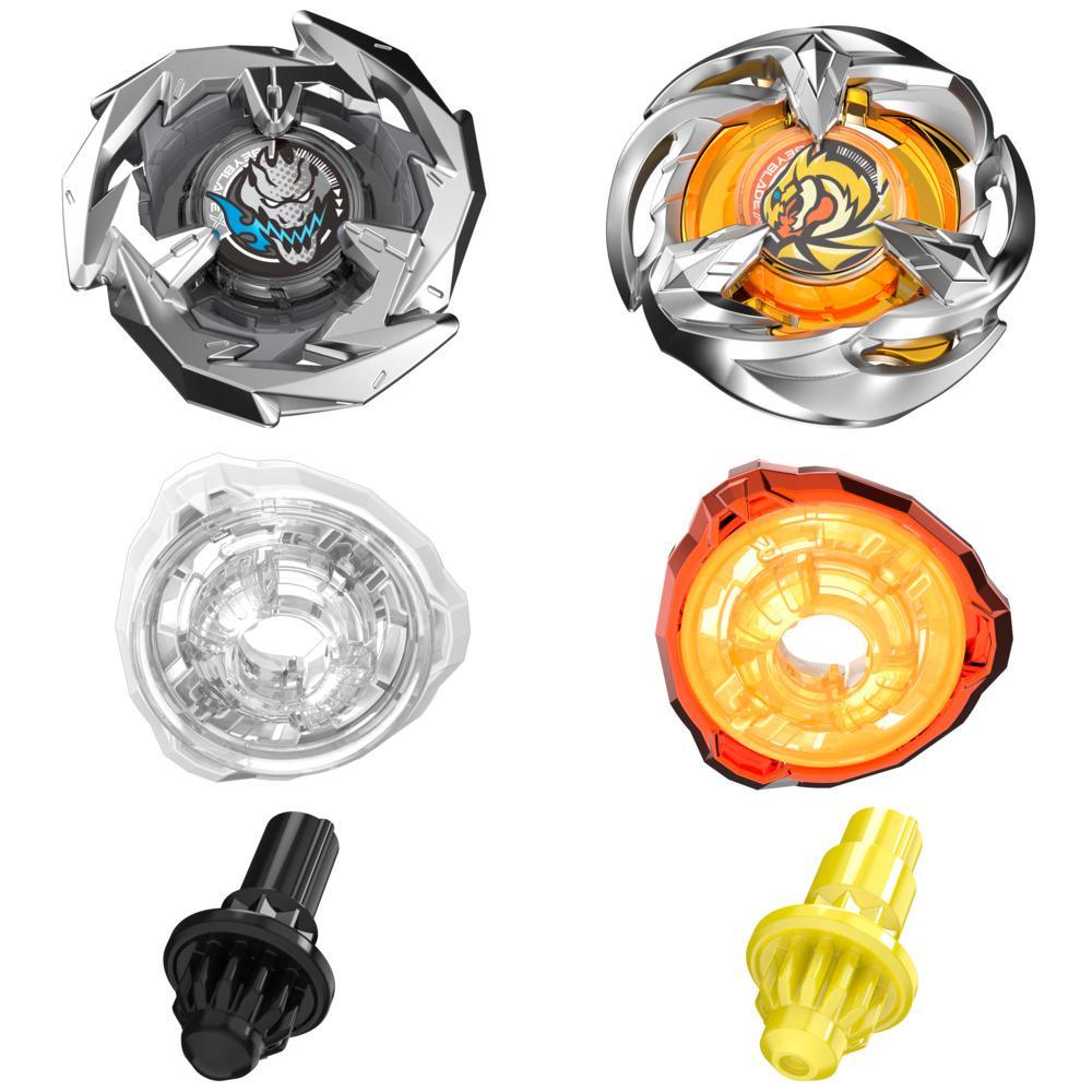 A set of two Beyblade spinning tops, silver/blue wolf and silver/orange dragon, disassembled into their metallic and plastic components