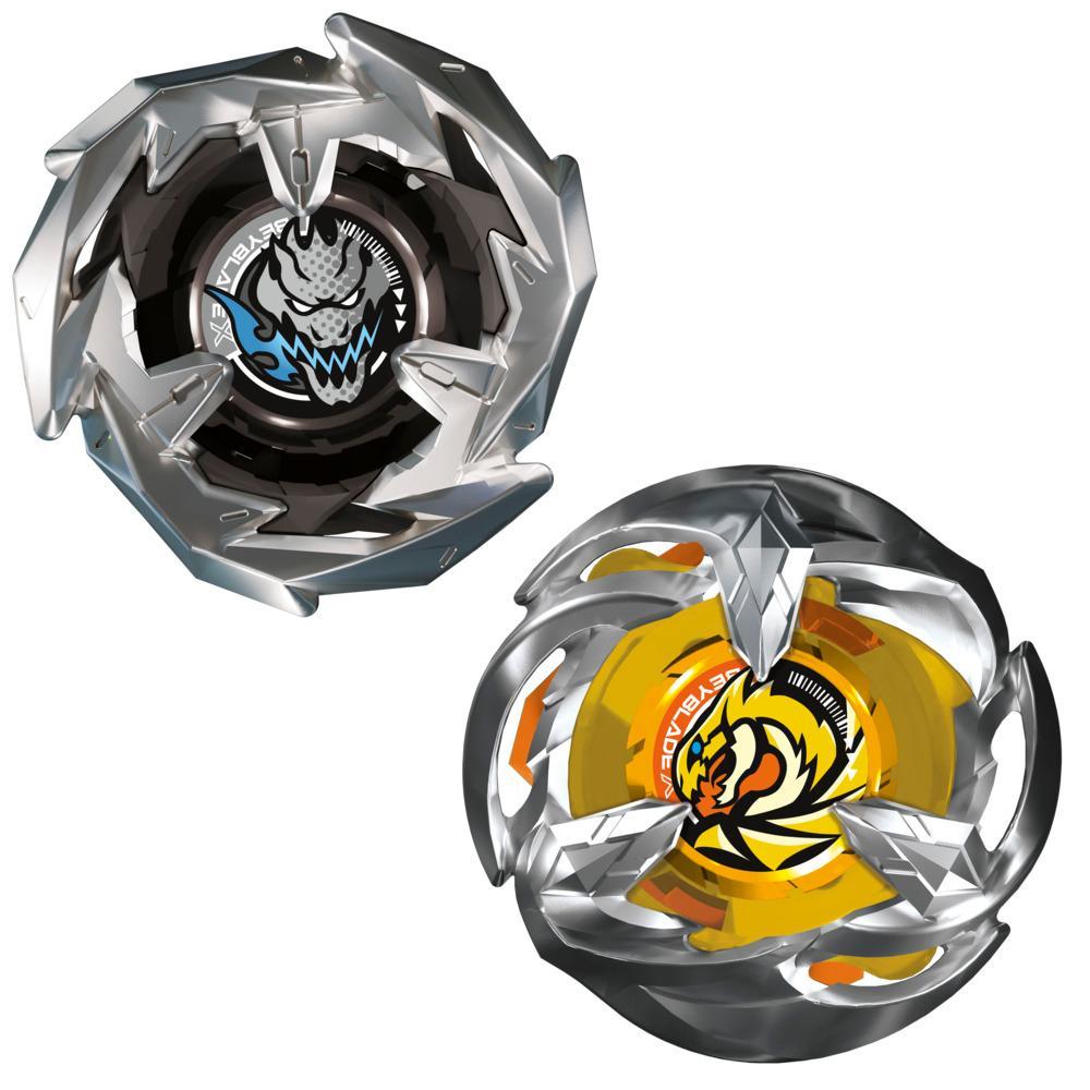 Two Beyblade spinning tops: one black and silver with a blue dragon emblem, one yellow and silver with an orange dragon