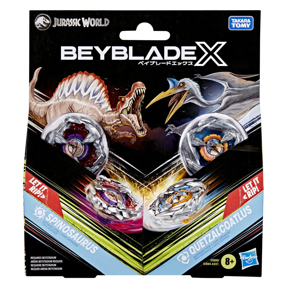 Beyblade X Jurassic World package with Spinosaurus and Quetzalcoatlus, each with their spinning battle top