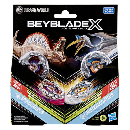 Beyblade X Jurassic World package with Spinosaurus and Quetzalcoatlus, each with their spinning battle top