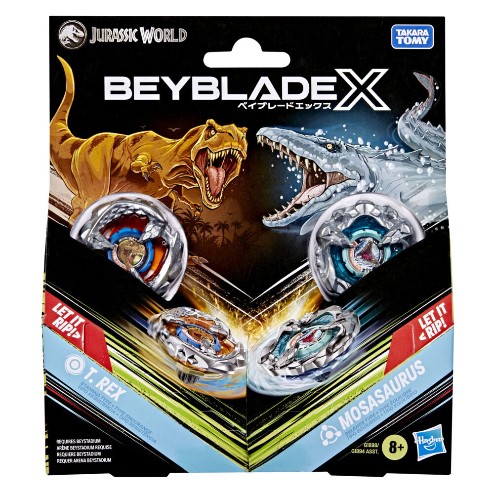 Jurassic World Beyblade X packaging. T-Rex and Mosasaurus Beyblades spin before roaring dinosaur art