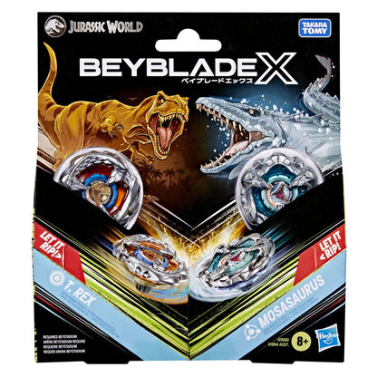 Jurassic World Beyblade X packaging. T-Rex and Mosasaurus Beyblades spin before roaring dinosaur art