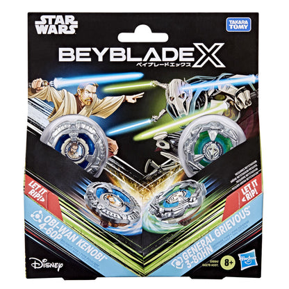 Star Wars Beyblade X set box. Features Obi-Wan Kenobi, General Grievous and two spinning tops