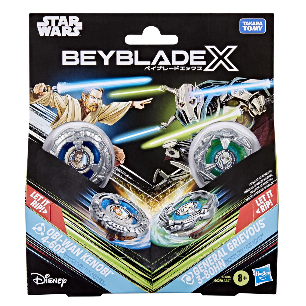 Star Wars Beyblade X set box. Features Obi-Wan Kenobi, General Grievous and two spinning tops