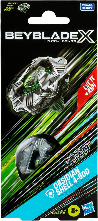 Beyblade X 'Obsidian Shell' toy package shows a silver and green spinning top, with dynamic lines and 'Let It Rip!' text