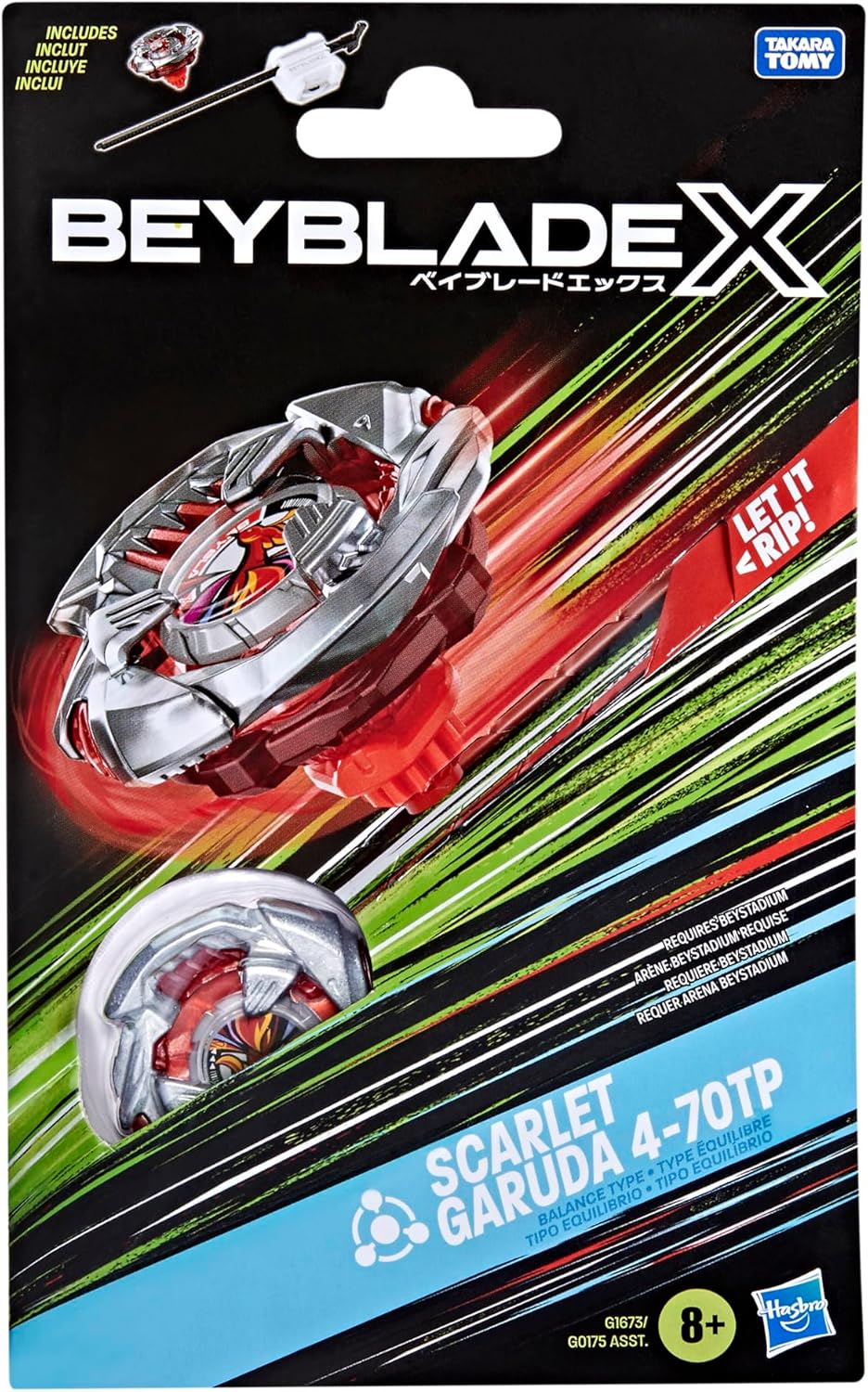 Beyblade X Scarlet Garuda 4-70TP toy package. Shows the red & silver spinning top with launcher on a dynamic background