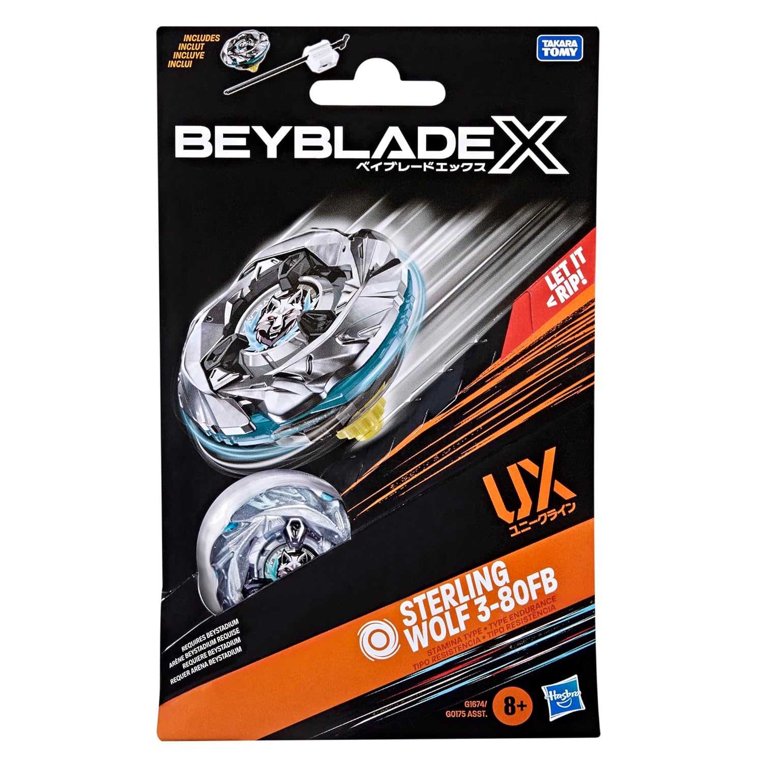 Beyblade X Sterling Wolf 3-80FB toy package shows a silver and blue wolf-themed Beyblade in motion, plus a launcher