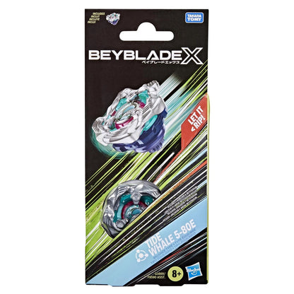 Beyblade X Tide Whale 5-80E package. A silver and blue Beyblade top is shown spinning with a "Let it Rip!" callout